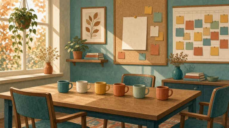 Illustration of an empty school staffroom in autumn light, with a blank notice pinned beside a crowded calendar of colourful sticky notes and a row of mugs on the table.