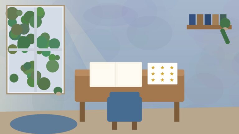 Soft illustration of an empty sunlit classroom desk with a blank open notebook and gold star stickers, no people