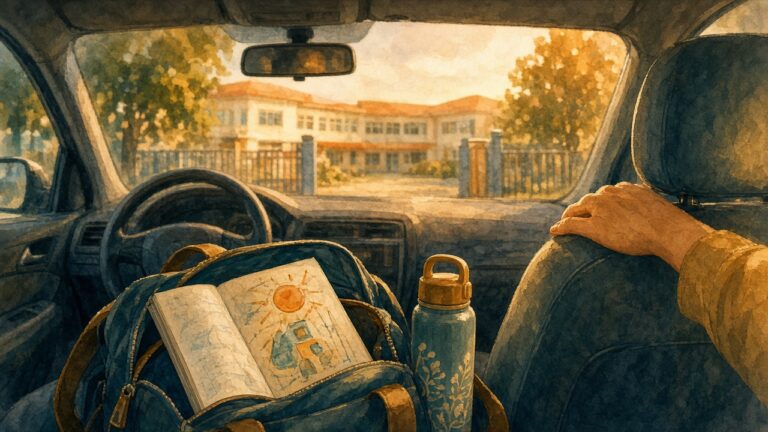 Watercolour illustration from inside a family car at school pick-up, with an open school bag and notebook on the back seat and a school gate in warm afternoon light