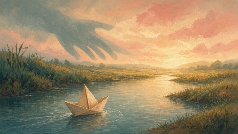 Illustration of a small paper boat sailing along a calm river at dawn towards a sunlit meadow, while a large hand-shaped cloud fades in the sky behind it.