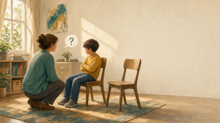 Teacher kneeling beside a calm boy in a sunlit school office, a question mark between them